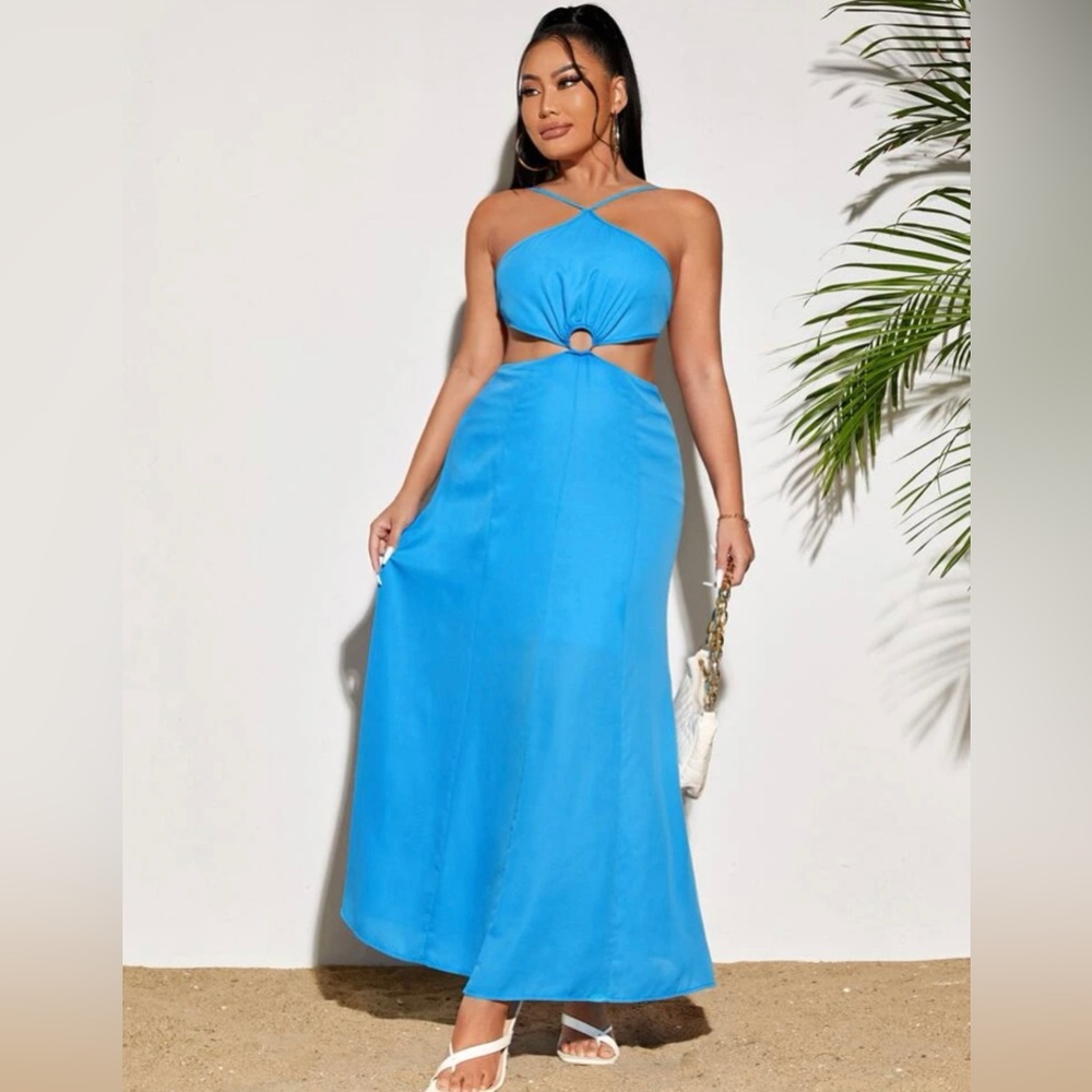 Shein Cut Out Knot Backless halter maxi long summer Dress xs blue